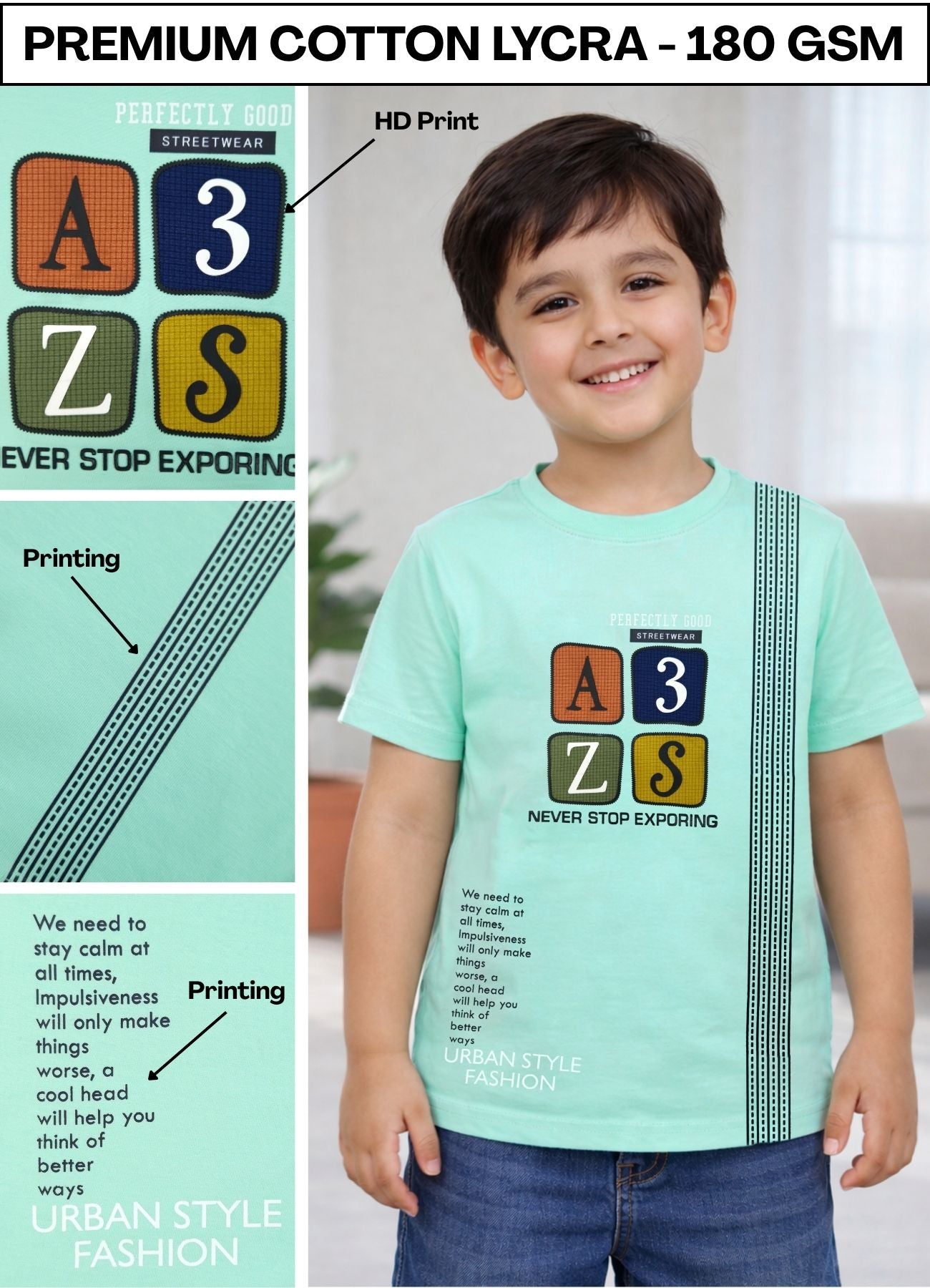 FL - 1546 - Boys HD Print Cotton Lycra T - shirt