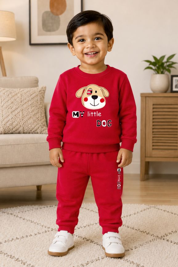 541 - Red - Infant Little Paws” Embroidered Cozy Co-Ord Set | 280 - 290 GSM Premium Cotton Fleece