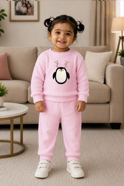 544 - Pink - 🐧 Infant Pink Penguin Embroidered Cozy Set| 320 - 340 GSM Imported Soft Fabric