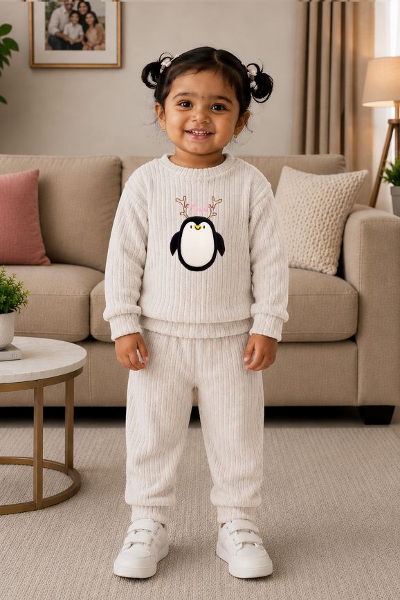 544 - Grey - 🐧 Infant Gray Penguin Embroidered Cozy Set| 320 - 340 GSM Imported Soft Fabric