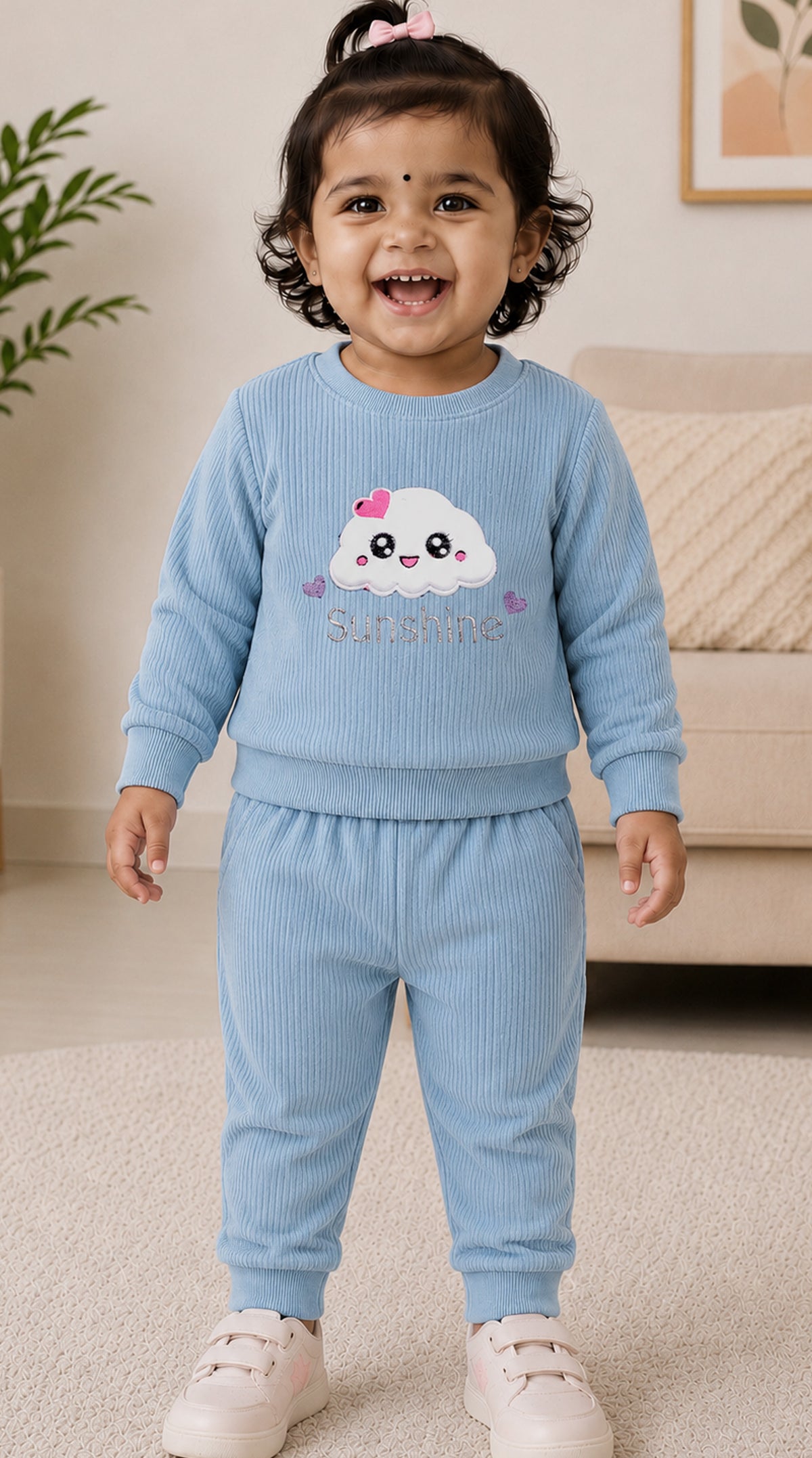 545 - Sky - Infant Sweet Cloud Dreams – Embroidered Ribbed Cord Set| 320 - 340 GSM Imported Soft Fabric
