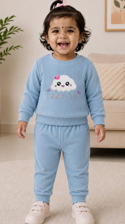 545 - Sky - Infant Sweet Cloud Dreams – Embroidered Ribbed Cord Set| 320 - 340 GSM Imported Soft Fabric