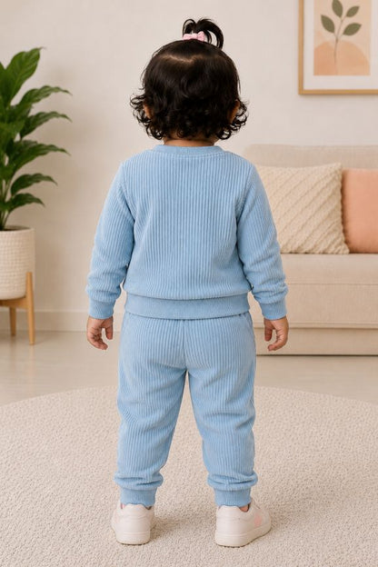 545 - Sky - Infant Sweet Cloud Dreams – Embroidered Ribbed Cord Set| 320 - 340 GSM Imported Soft Fabric