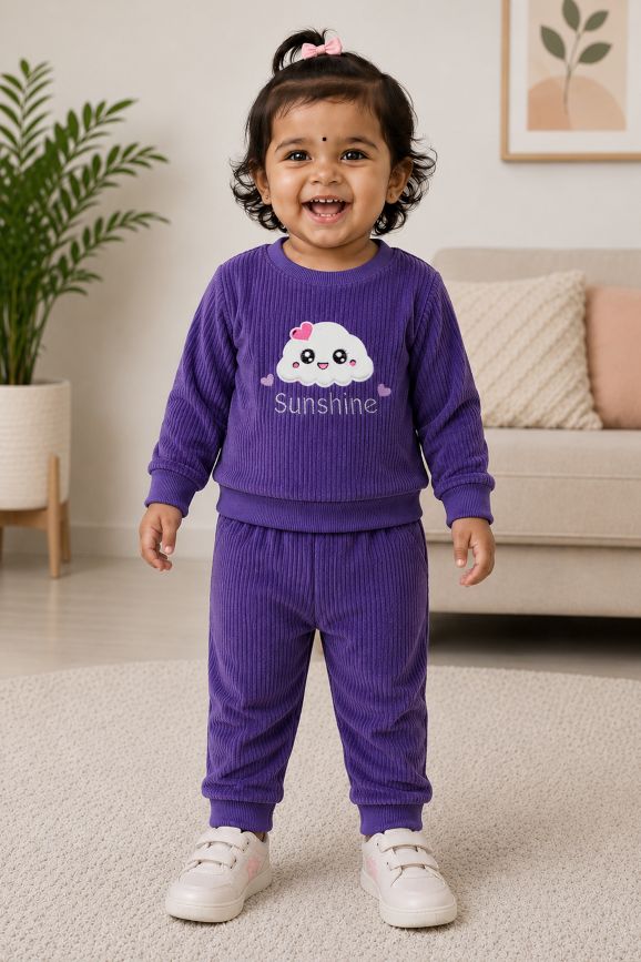 545 - Purple - Infant Sweet Cloud Dreams – Embroidered Ribbed Cord Set | 320 - 340 GSM Imported Soft Fabric