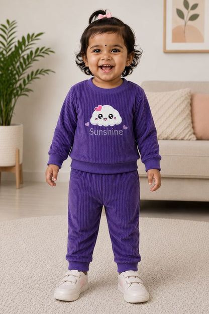 545 - Purple - Infant Sweet Cloud Dreams – Embroidered Ribbed Cord Set | 320 - 340 GSM Imported Soft Fabric