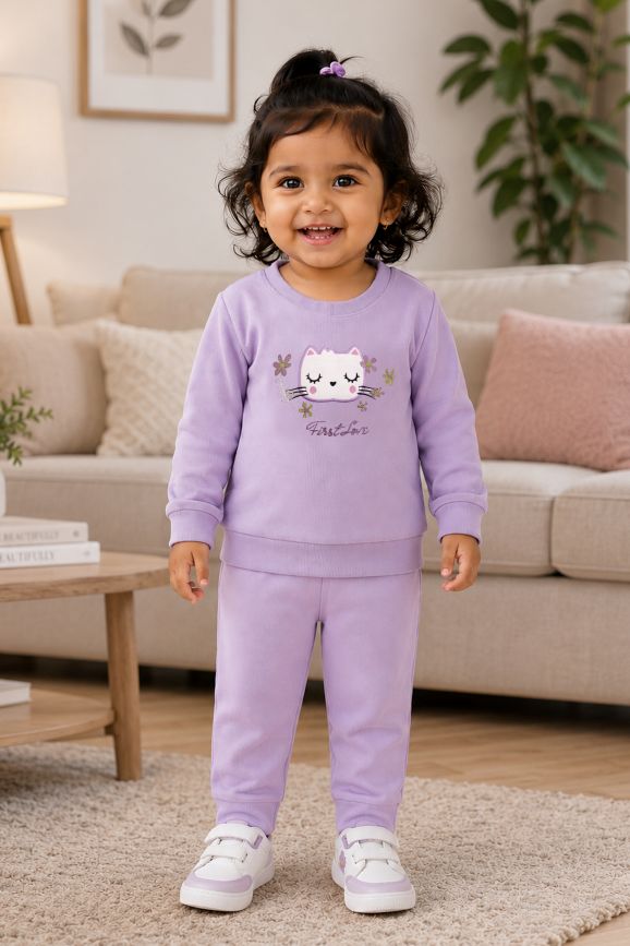 546 -  Lavender- Infant Kitty Embroidered  Co-Ord Set | 320 - 340 GSM  Imported Soft Fabric