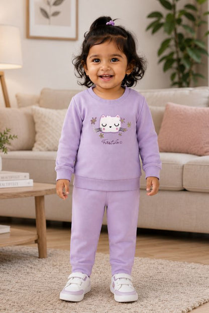 546 -  Lavender- Infant Kitty Embroidered  Co-Ord Set | 320 - 340 GSM  Imported Soft Fabric