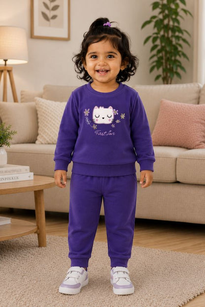 546 - Purple - Infant  Kitty Embroidered Co-Ord Set| 320 - 340 GSM  Imported Soft Fabric