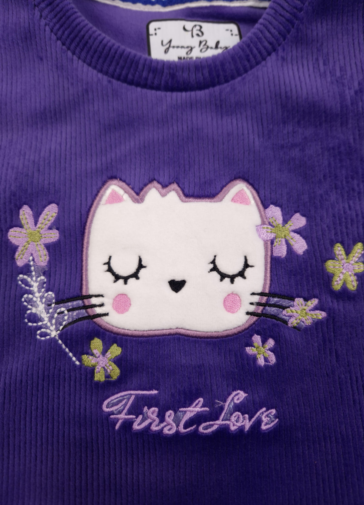 546 - Purple - Infant  Kitty Embroidered Co-Ord Set| 320 - 340 GSM  Imported Soft Fabric