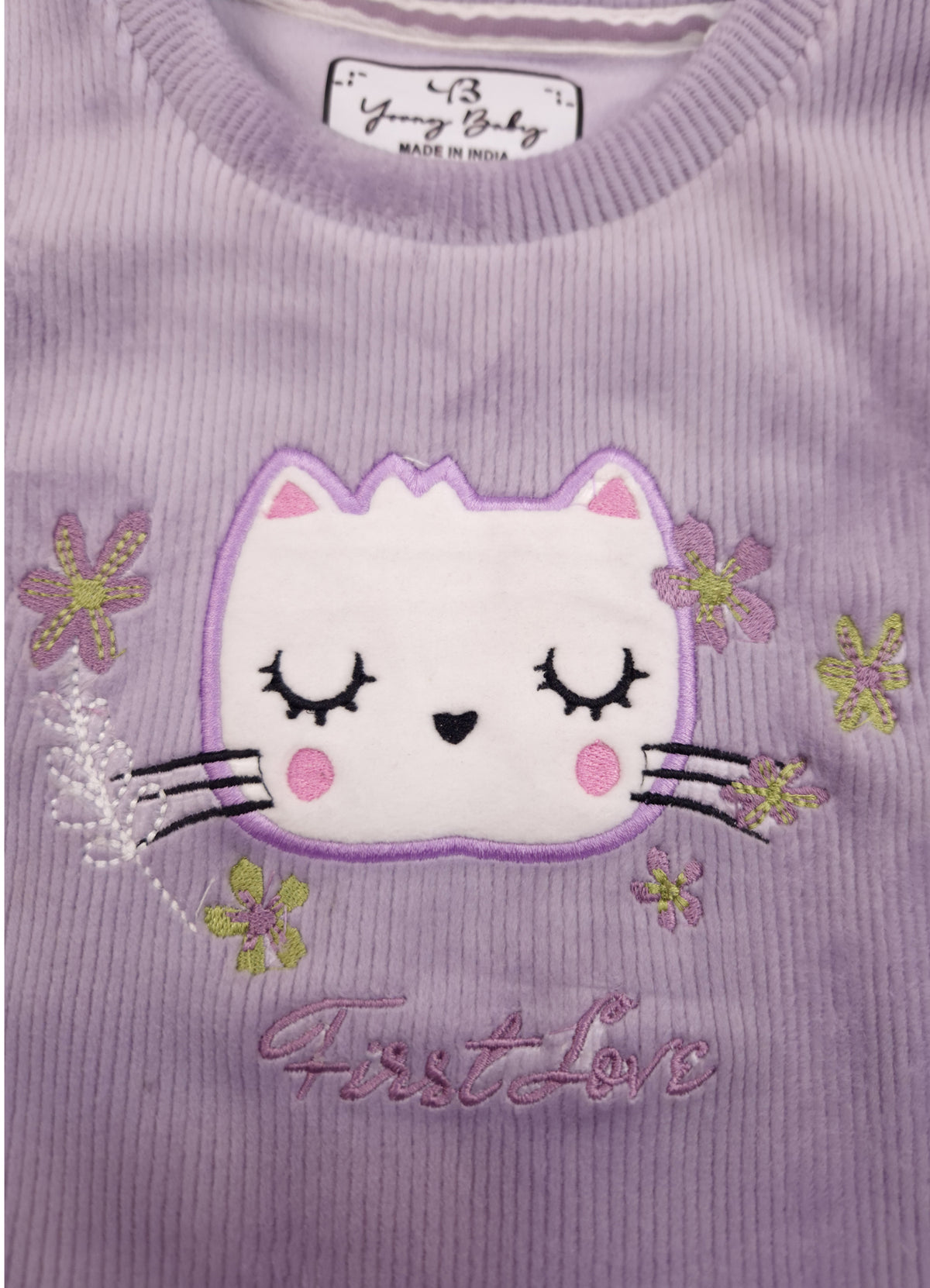 546 -  Lavender- Infant Kitty Embroidered  Co-Ord Set | 320 - 340 GSM  Imported Soft Fabric