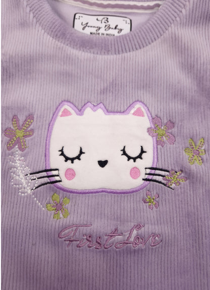 546 -  Lavender- Infant Kitty Embroidered  Co-Ord Set | 320 - 340 GSM  Imported Soft Fabric